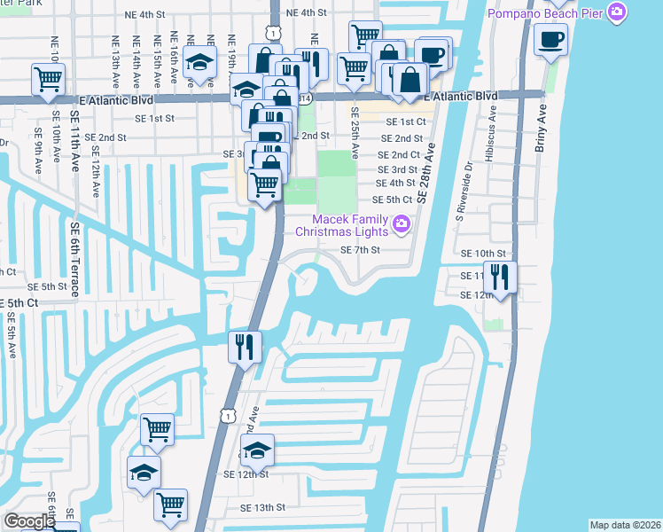 map of restaurants, bars, coffee shops, grocery stores, and more near 2360 Southeast 7th Drive in Pompano Beach