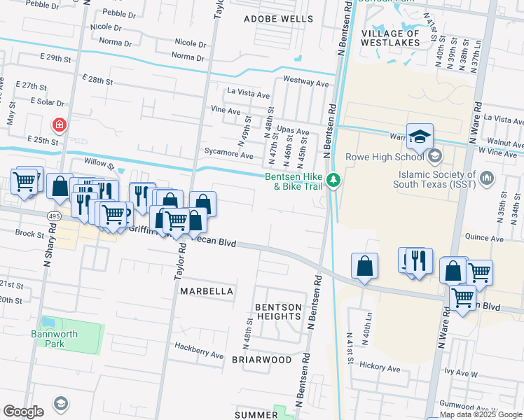 map of restaurants, bars, coffee shops, grocery stores, and more near 4717 Quince Ave in McAllen