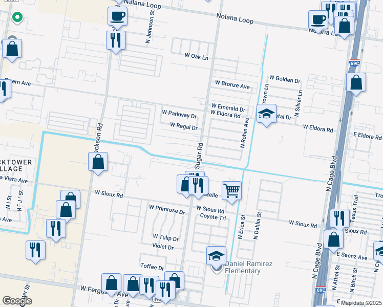 map of restaurants, bars, coffee shops, grocery stores, and more near 1200 Humming Bird Court in Pharr