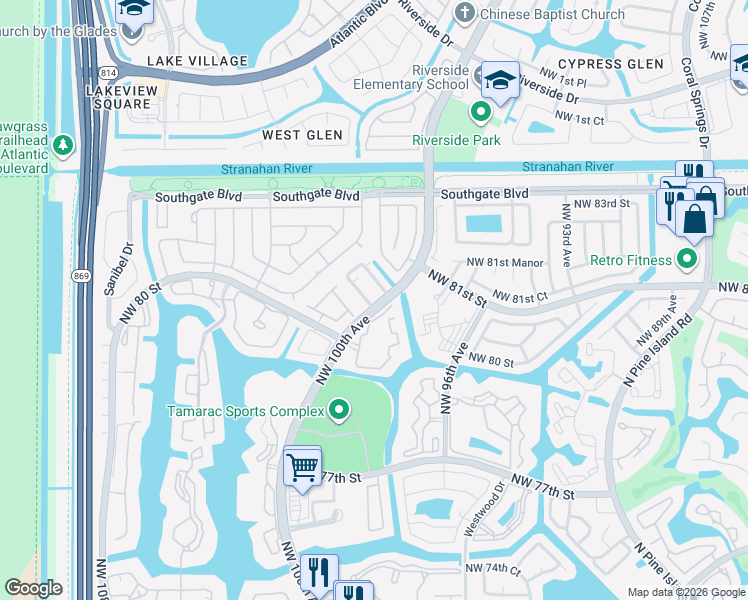 map of restaurants, bars, coffee shops, grocery stores, and more near 10017 South Nob Hill Circle in Tamarac