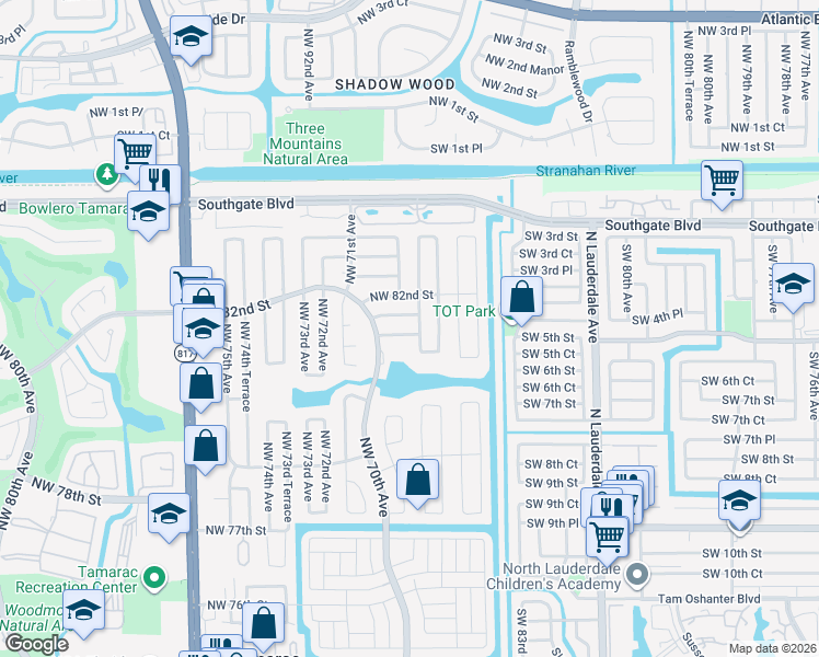 map of restaurants, bars, coffee shops, grocery stores, and more near 6831 Northwest 81st Court in Tamarac