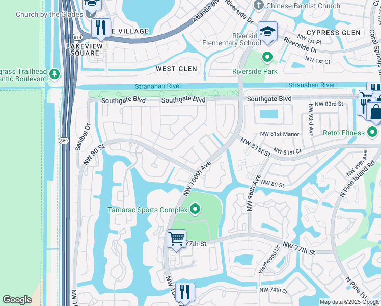 map of restaurants, bars, coffee shops, grocery stores, and more near 10245 Lombardy Drive in Tamarac