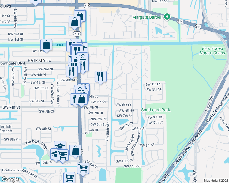 map of restaurants, bars, coffee shops, grocery stores, and more near 25 South Cortez Drive in Margate