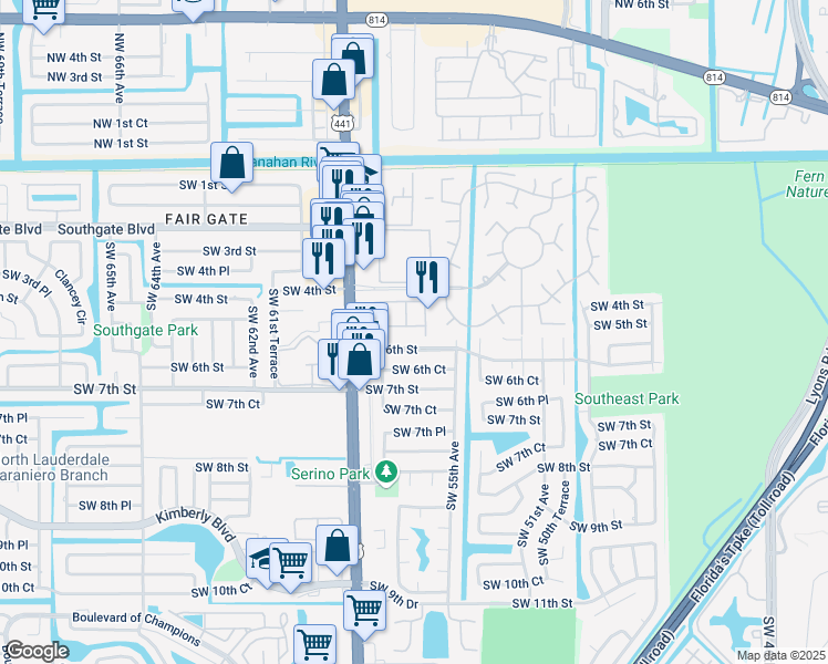 map of restaurants, bars, coffee shops, grocery stores, and more near 530 Princess Drive in Margate