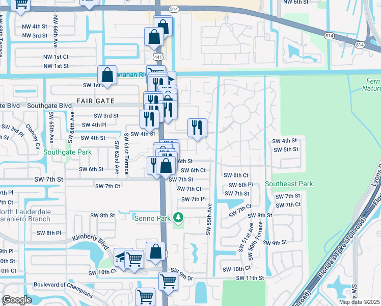map of restaurants, bars, coffee shops, grocery stores, and more near 530 Princess Drive in Margate