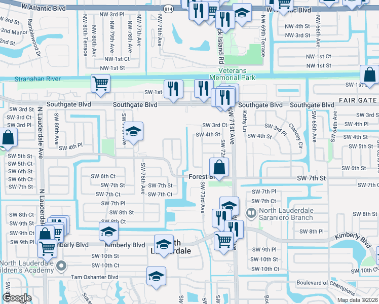 map of restaurants, bars, coffee shops, grocery stores, and more near 417 Southwest 74th Avenue in North Lauderdale