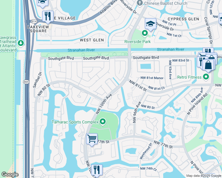map of restaurants, bars, coffee shops, grocery stores, and more near 10017 South Nob Hill Circle in Tamarac