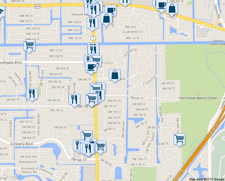 map of restaurants, bars, coffee shops, grocery stores, and more near 5524 Monte Carlo Lane in Margate