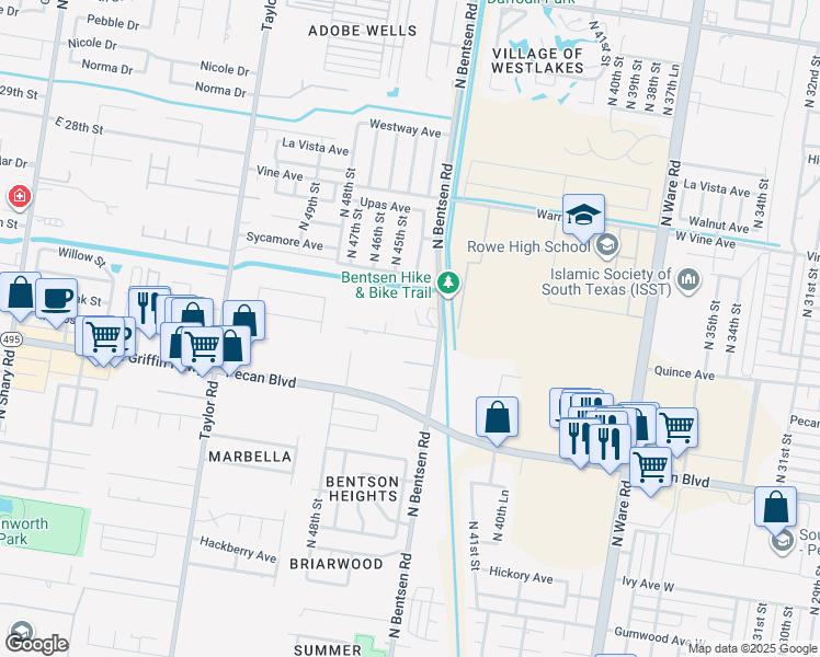 map of restaurants, bars, coffee shops, grocery stores, and more near 4500 Quince Ave in McAllen