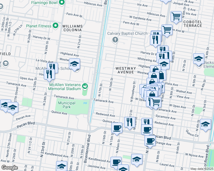 map of restaurants, bars, coffee shops, grocery stores, and more near 807 Walnut Avenue in McAllen