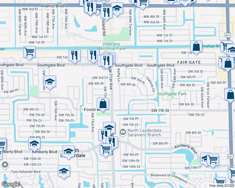 map of restaurants, bars, coffee shops, grocery stores, and more near 581 Kathy Lane in Margate