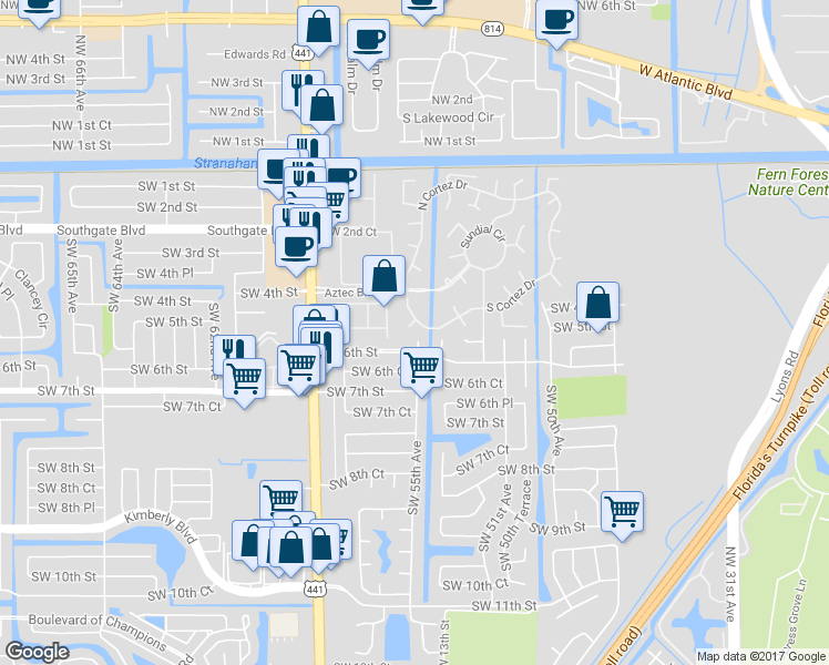 map of restaurants, bars, coffee shops, grocery stores, and more near 15 South Cortez Drive in Margate