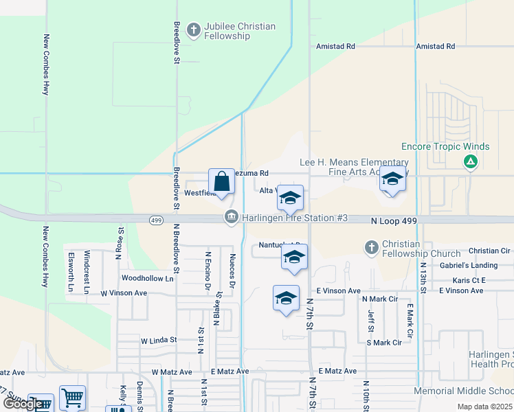 map of restaurants, bars, coffee shops, grocery stores, and more near 513 North Loop 499 in Harlingen