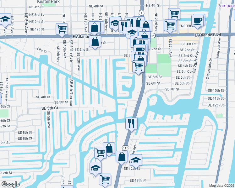map of restaurants, bars, coffee shops, grocery stores, and more near 1800 Southeast 7th Street in Pompano Beach