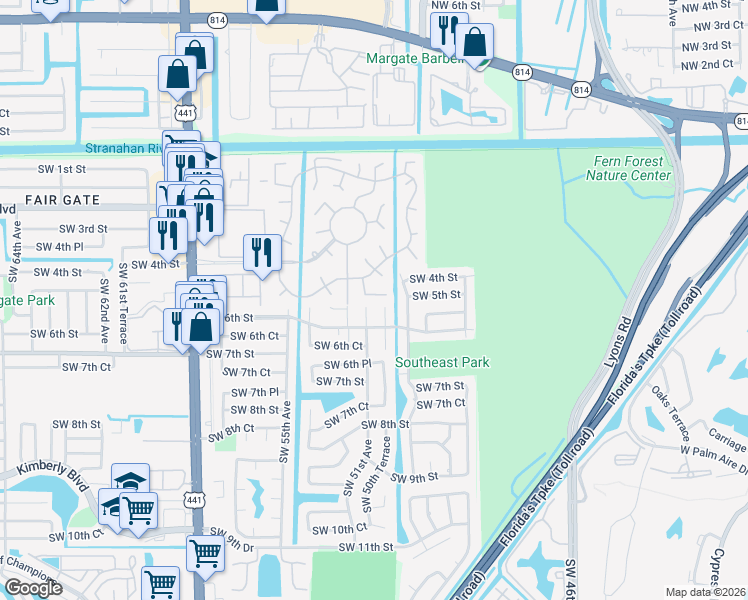 map of restaurants, bars, coffee shops, grocery stores, and more near 69 South Cortez Drive in Margate
