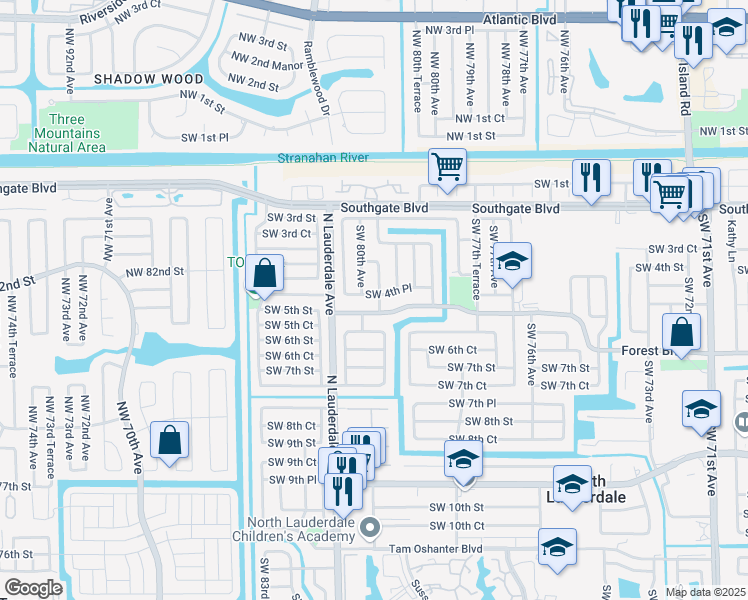 map of restaurants, bars, coffee shops, grocery stores, and more near 7930 Southwest 4th Place in North Lauderdale