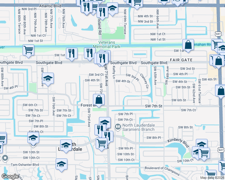 map of restaurants, bars, coffee shops, grocery stores, and more near 581 Kathy Lane in Margate