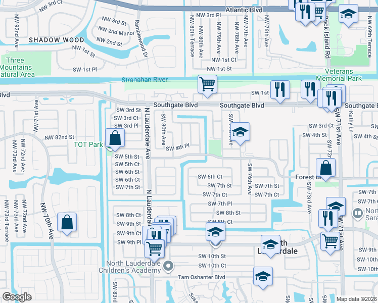 map of restaurants, bars, coffee shops, grocery stores, and more near 7901 Southwest 5th Street in North Lauderdale
