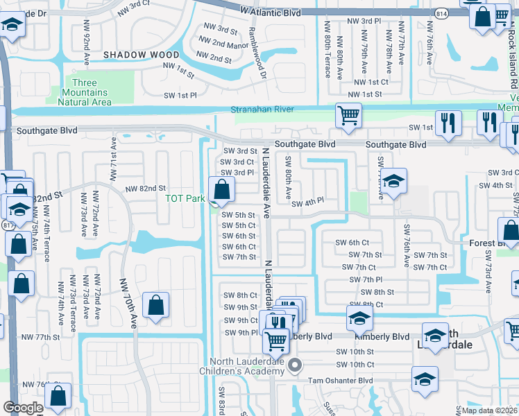 map of restaurants, bars, coffee shops, grocery stores, and more near 8110 Southwest 4th Place in North Lauderdale