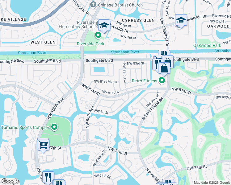 map of restaurants, bars, coffee shops, grocery stores, and more near 9312 Northwest 81st Court in Tamarac