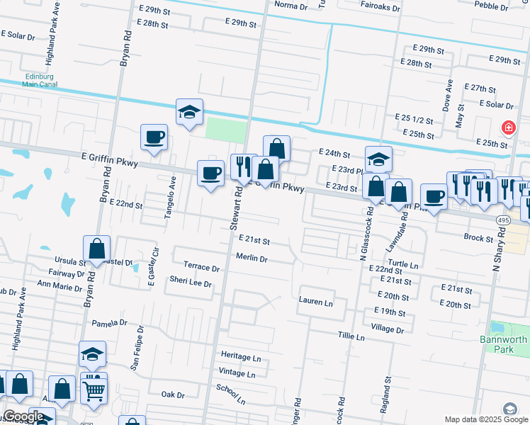 map of restaurants, bars, coffee shops, grocery stores, and more near 1709 Toni Lane in Mission