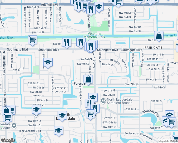 map of restaurants, bars, coffee shops, grocery stores, and more near 7201 Southwest 5th Street in North Lauderdale