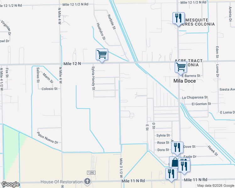 map of restaurants, bars, coffee shops, grocery stores, and more near 6808 Bill Clinton Street in Weslaco