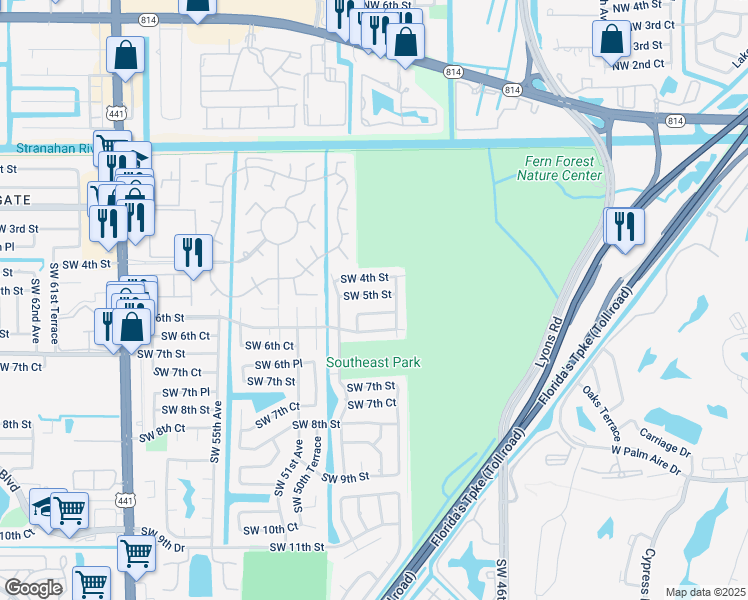 map of restaurants, bars, coffee shops, grocery stores, and more near 4968 Southwest 5th Street in Margate