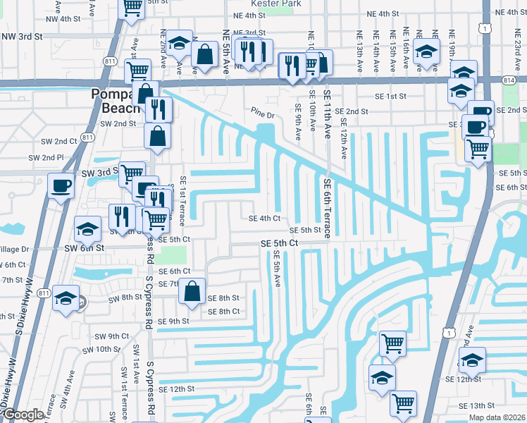 map of restaurants, bars, coffee shops, grocery stores, and more near 421 Southeast 5th Avenue in Pompano Beach