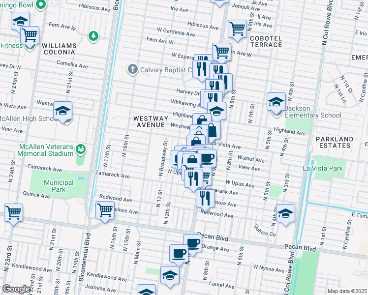 map of restaurants, bars, coffee shops, grocery stores, and more near 2301 North 12th Street in McAllen