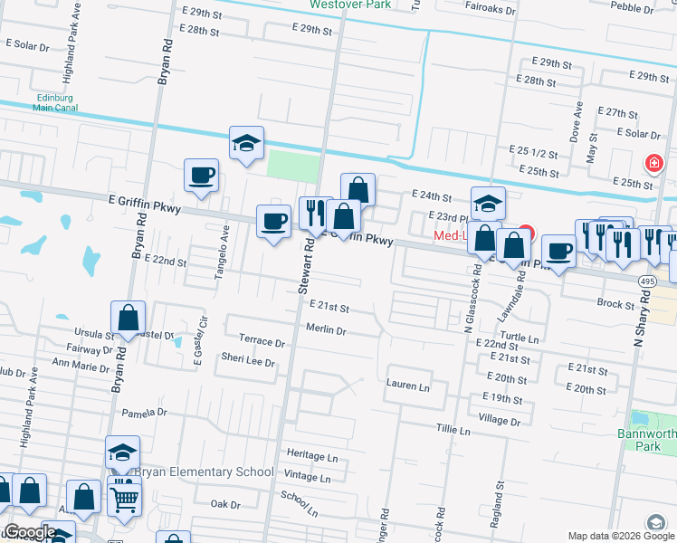 map of restaurants, bars, coffee shops, grocery stores, and more near 1703 Toni Lane in Mission