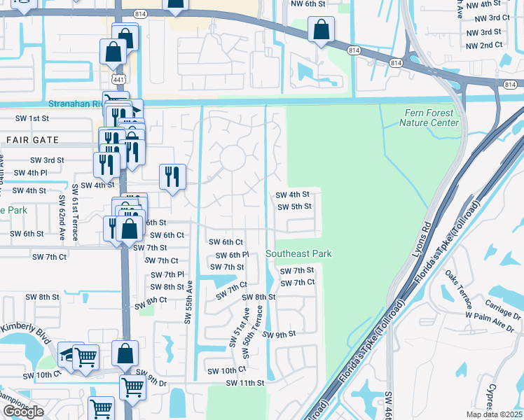map of restaurants, bars, coffee shops, grocery stores, and more near 74 South Cortez Drive in Margate