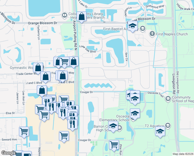 map of restaurants, bars, coffee shops, grocery stores, and more near 13407 Silktail Drive in Naples