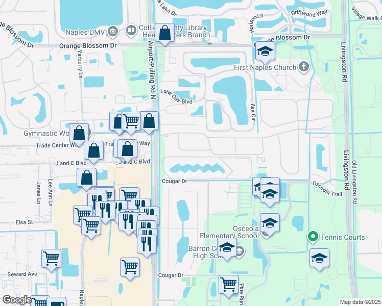 map of restaurants, bars, coffee shops, grocery stores, and more near 13395 Silktail Drive in Naples