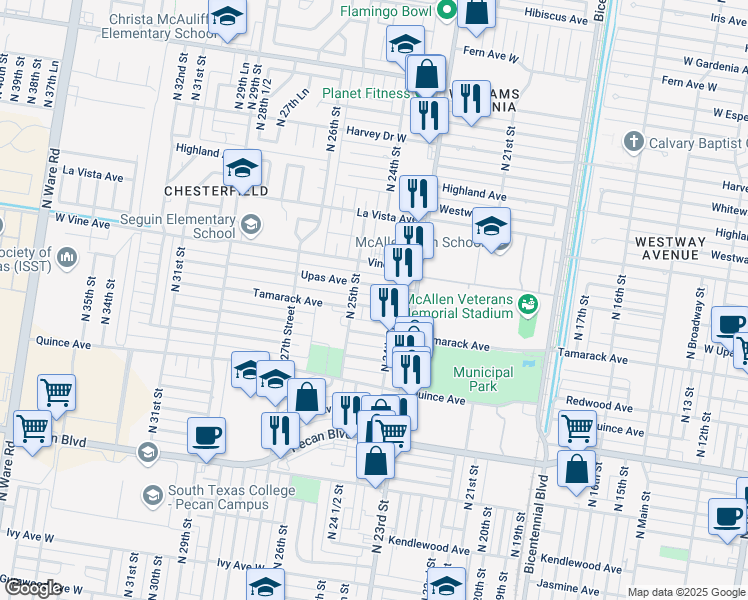map of restaurants, bars, coffee shops, grocery stores, and more near 2416 Tamarack Avenue in McAllen