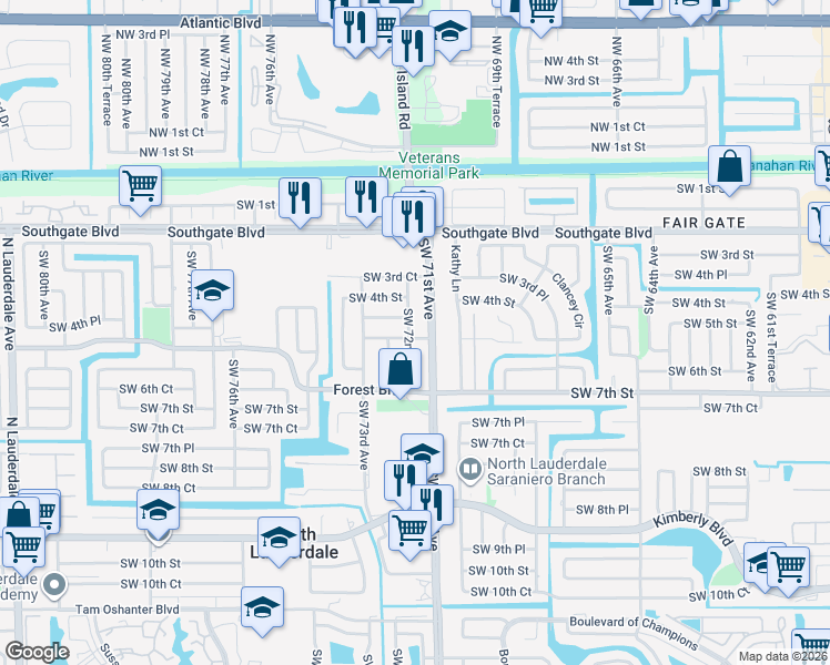 map of restaurants, bars, coffee shops, grocery stores, and more near 7201 Southwest 5th Street in North Lauderdale