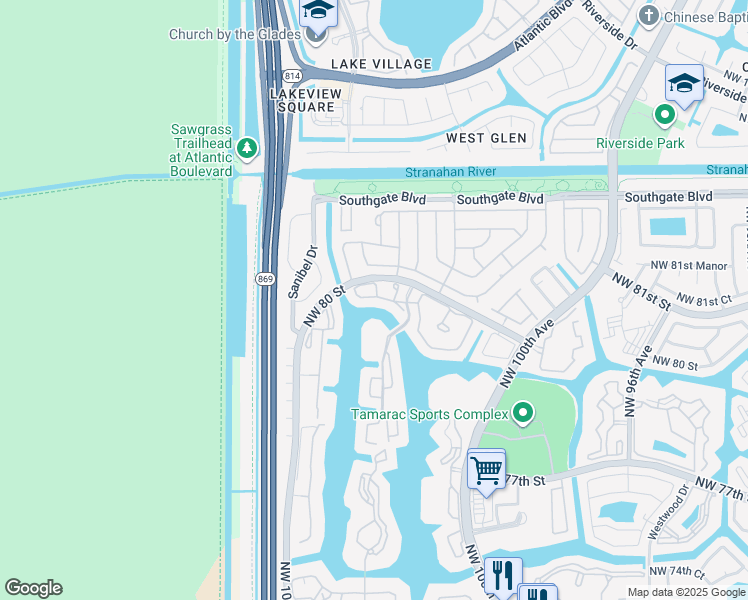 map of restaurants, bars, coffee shops, grocery stores, and more near 7957 Exeter Boulevard West in Tamarac