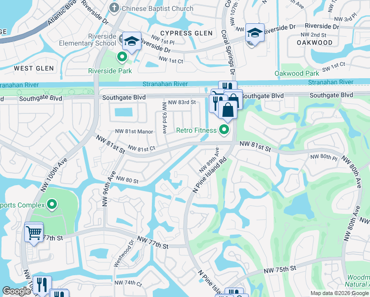 map of restaurants, bars, coffee shops, grocery stores, and more near 9200 Northwest 80th Street in Tamarac