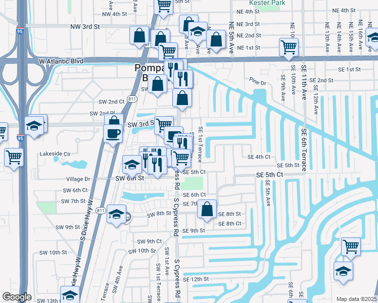 map of restaurants, bars, coffee shops, grocery stores, and more near 421 Southeast 1st Avenue in Pompano Beach
