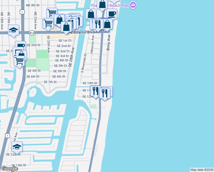 map of restaurants, bars, coffee shops, grocery stores, and more near 1010 South Ocean Boulevard in Pompano Beach