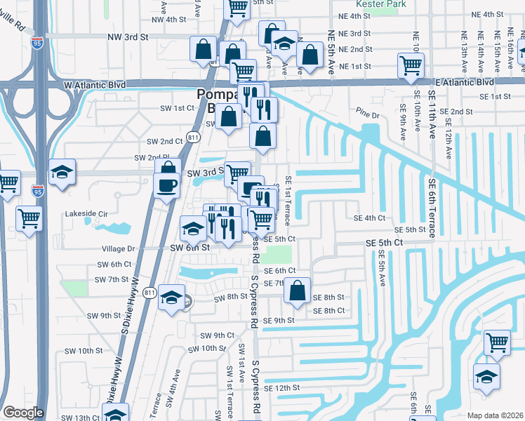 map of restaurants, bars, coffee shops, grocery stores, and more near 421 Southeast 1st Avenue in Pompano Beach