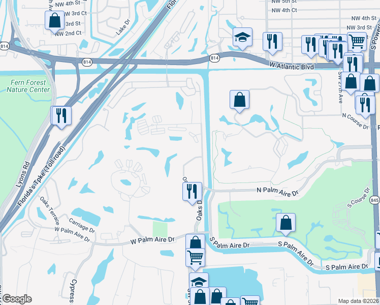 map of restaurants, bars, coffee shops, grocery stores, and more near 545 Oaks Lane in Pompano Beach