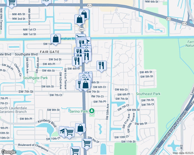 map of restaurants, bars, coffee shops, grocery stores, and more near 530 Princess Drive in Margate