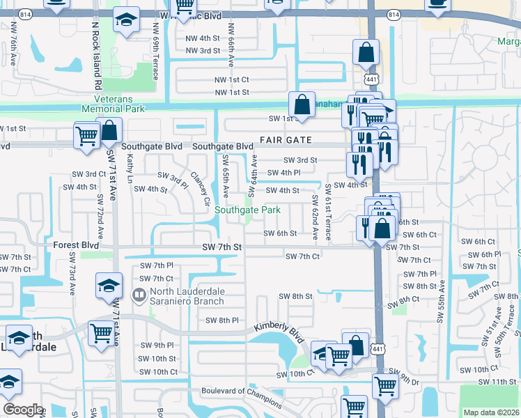 map of restaurants, bars, coffee shops, grocery stores, and more near 510 Southwest 63rd Terrace in Margate