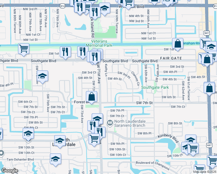 map of restaurants, bars, coffee shops, grocery stores, and more near 581 Kathy Lane in Margate
