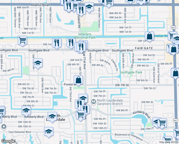 map of restaurants, bars, coffee shops, grocery stores, and more near 581 Kathy Lane in Margate