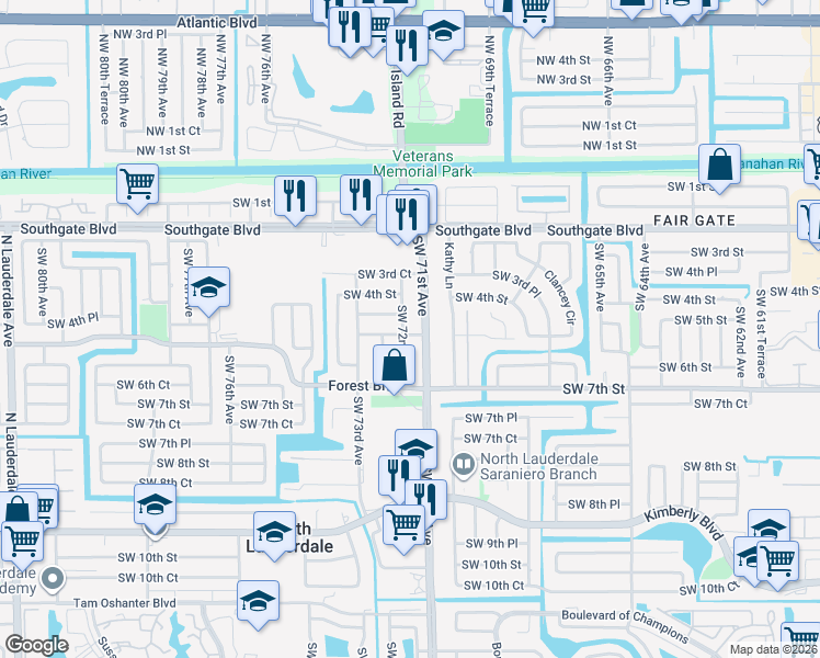 map of restaurants, bars, coffee shops, grocery stores, and more near 7201 Southwest 5th Street in North Lauderdale