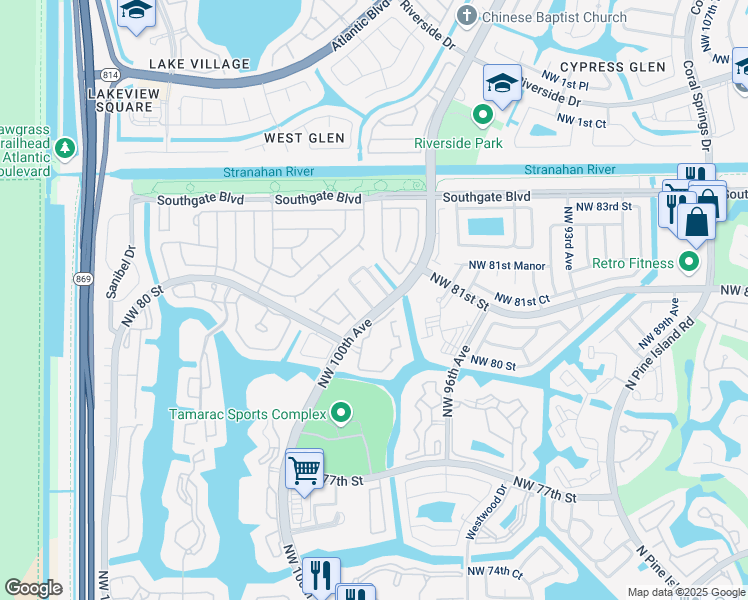 map of restaurants, bars, coffee shops, grocery stores, and more near 10017 South Nob Hill Circle in Tamarac