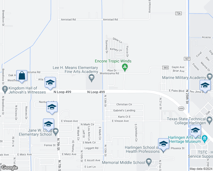 map of restaurants, bars, coffee shops, grocery stores, and more near 3206 Adams Landing Avenue in Harlingen