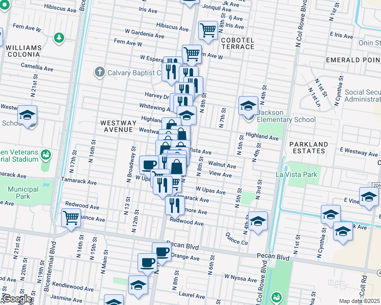 map of restaurants, bars, coffee shops, grocery stores, and more near 807 La Vista Avenue in McAllen
